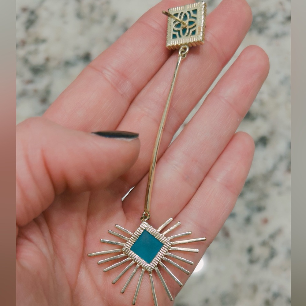 Kendra Scott Vintage Gold and turquoise blue starburst drop Earrings - Picture 7 of 8